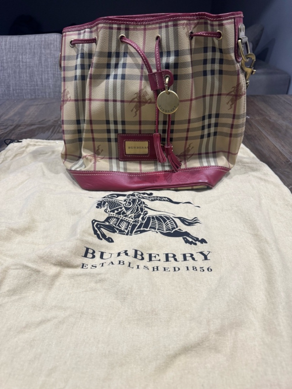 Burberry Beige Check Bucket Bag with Burgundy Trim